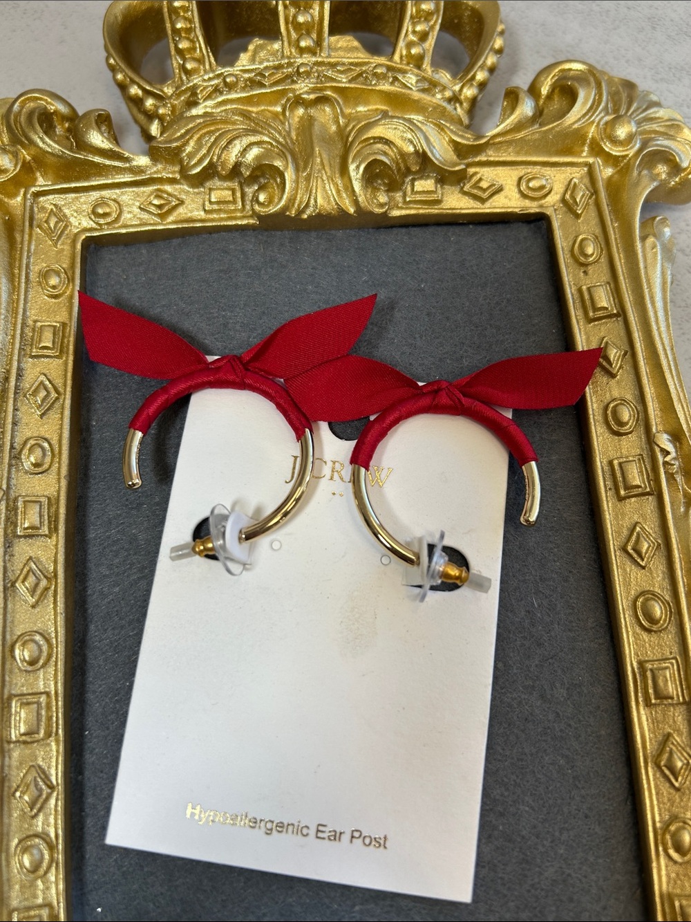 J. Crew Gold Hoop Earrings with Red Ribbon Ties - Picture 5 of 6